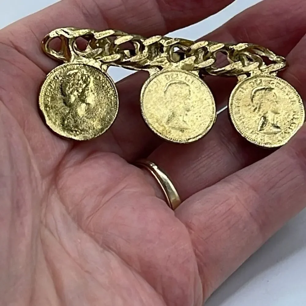Vintage chain link  Elizabeth II faux coin brooch.